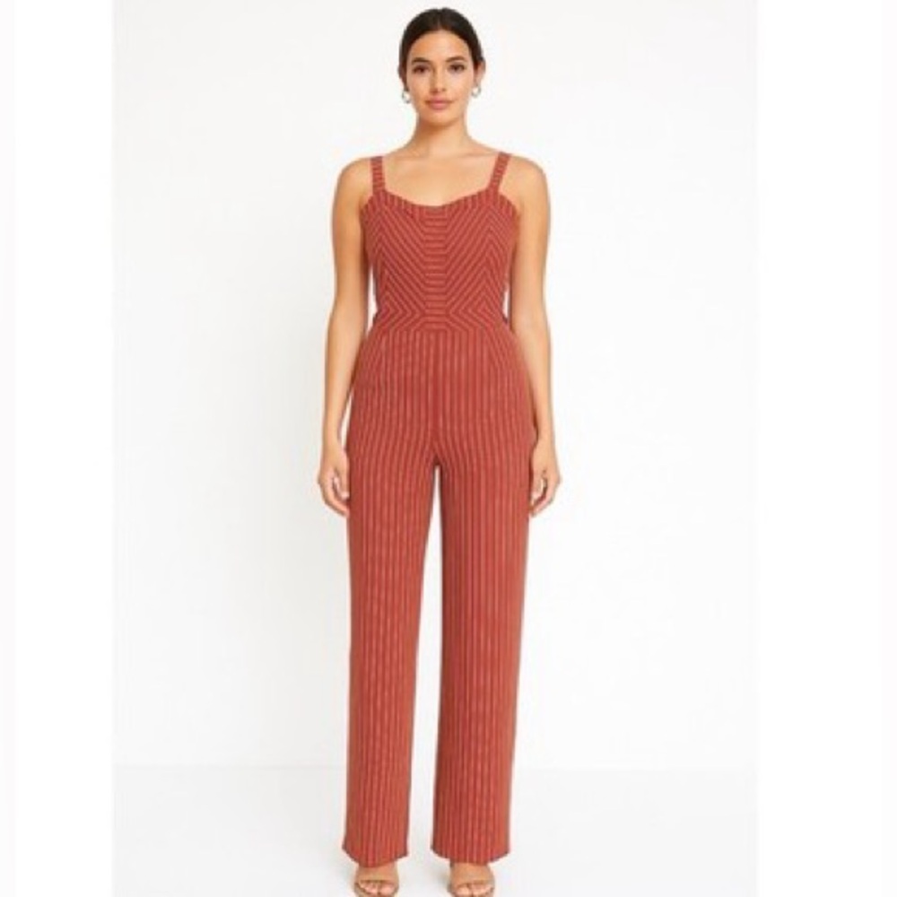 Skies Are Blue Womens Rust/ Cream Stripe Wide Leg Jumpsuit/Romper. Sz L